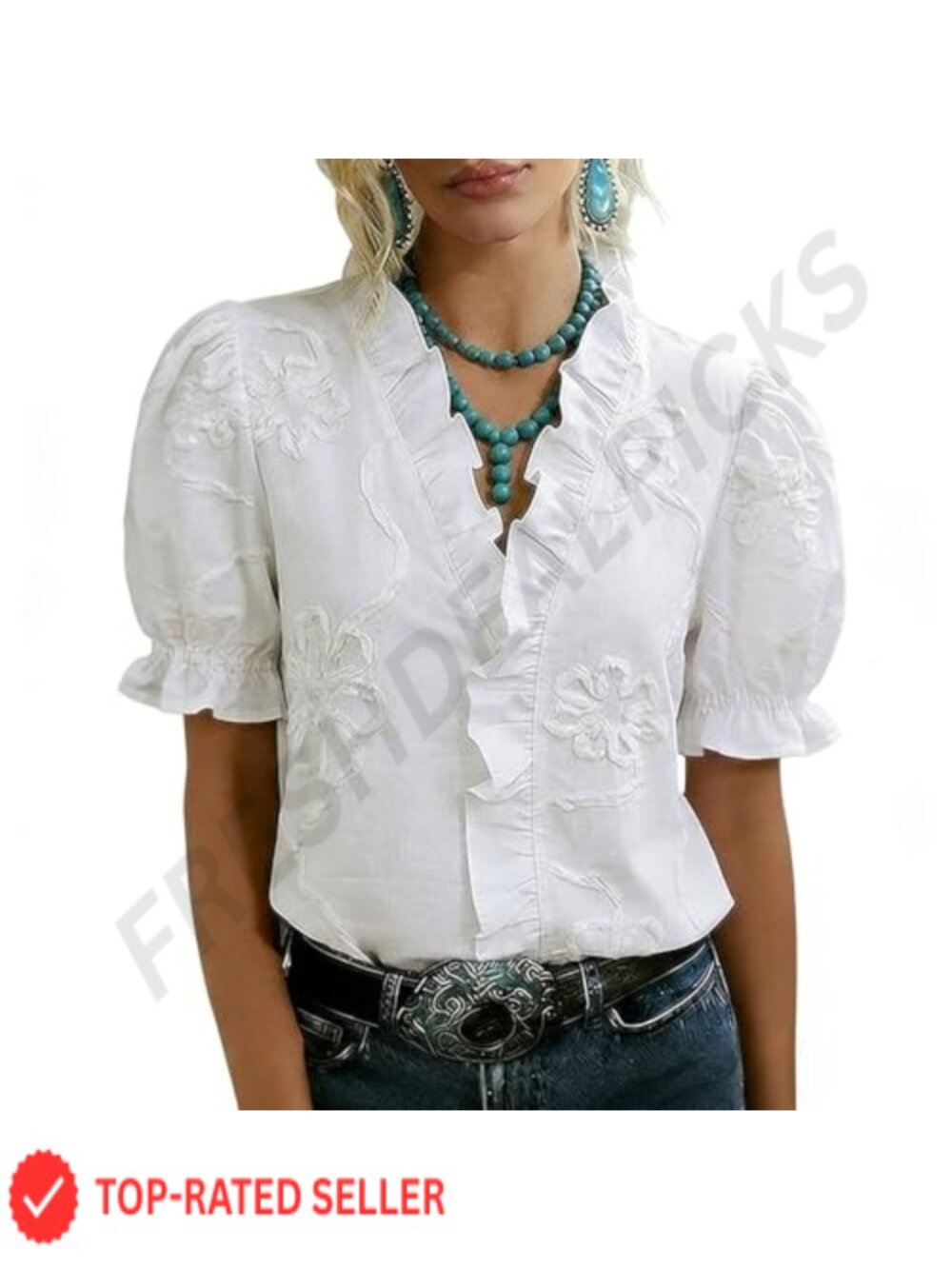 100% Cotton Embroidered Boho Blouse Ruffle V-Neck
